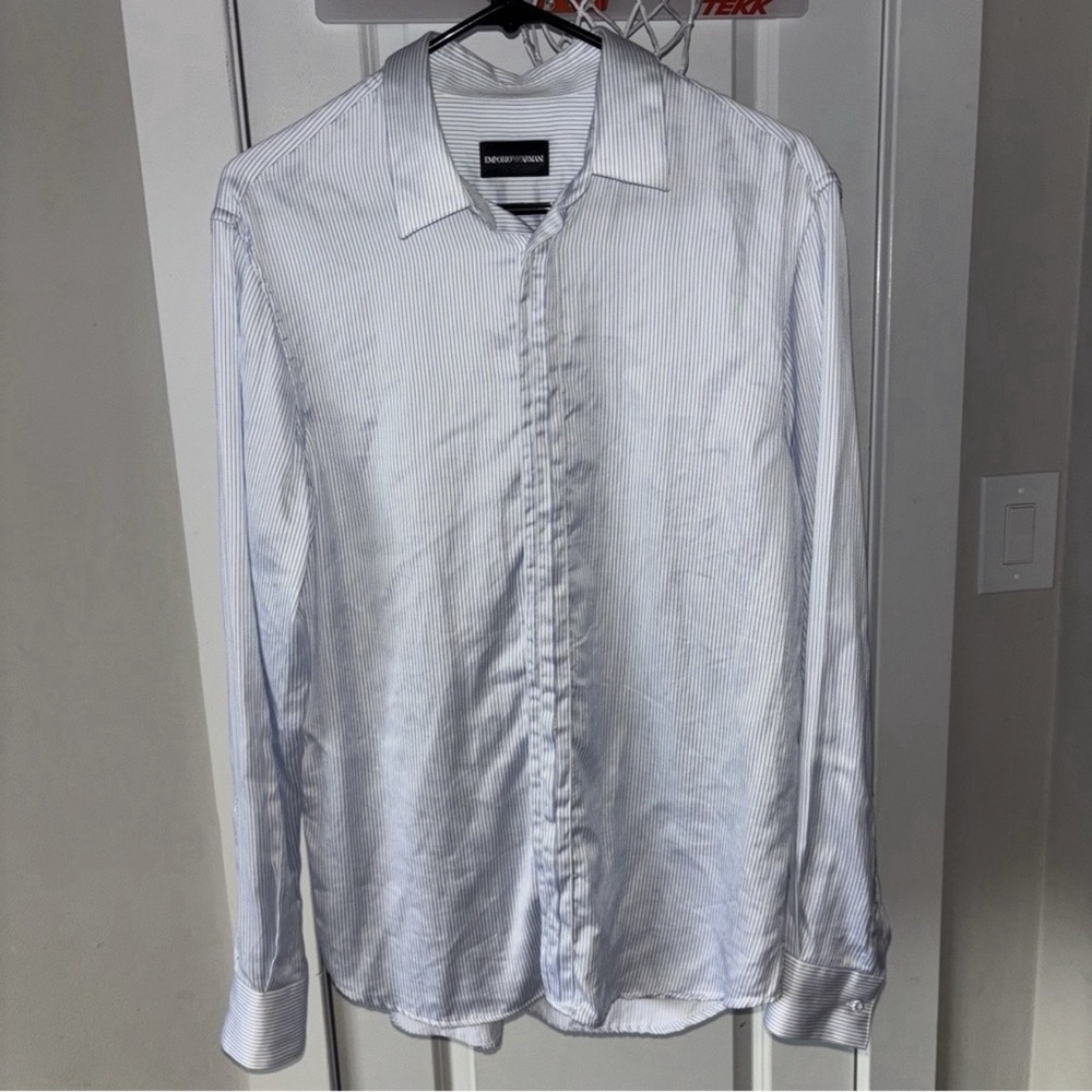 Emporio Armani Men's Slim Fit 100% Cotton White Striped Casual Shirt Sz 16 USA